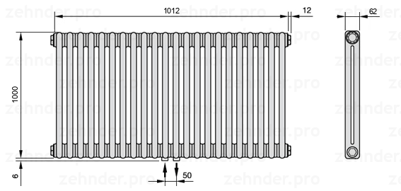 Схема (чертеж) Радиатор Zehnder Charleston 2100/22 №3470 Белый глянцевый RAL 9016